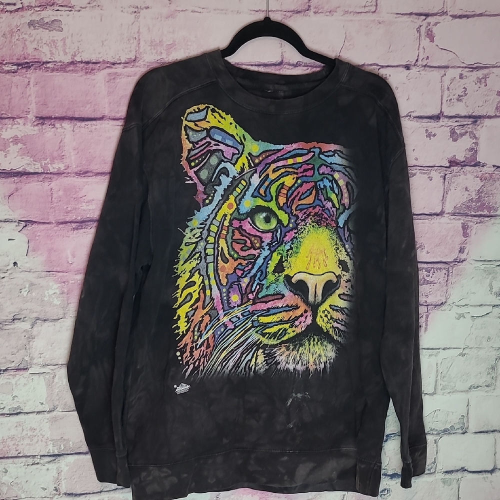 THE MOUNTAIN NEON PAINTED TIGER FACE GRAPHIC PRINT SWEATSHIRT ACID BLEACH WASH L